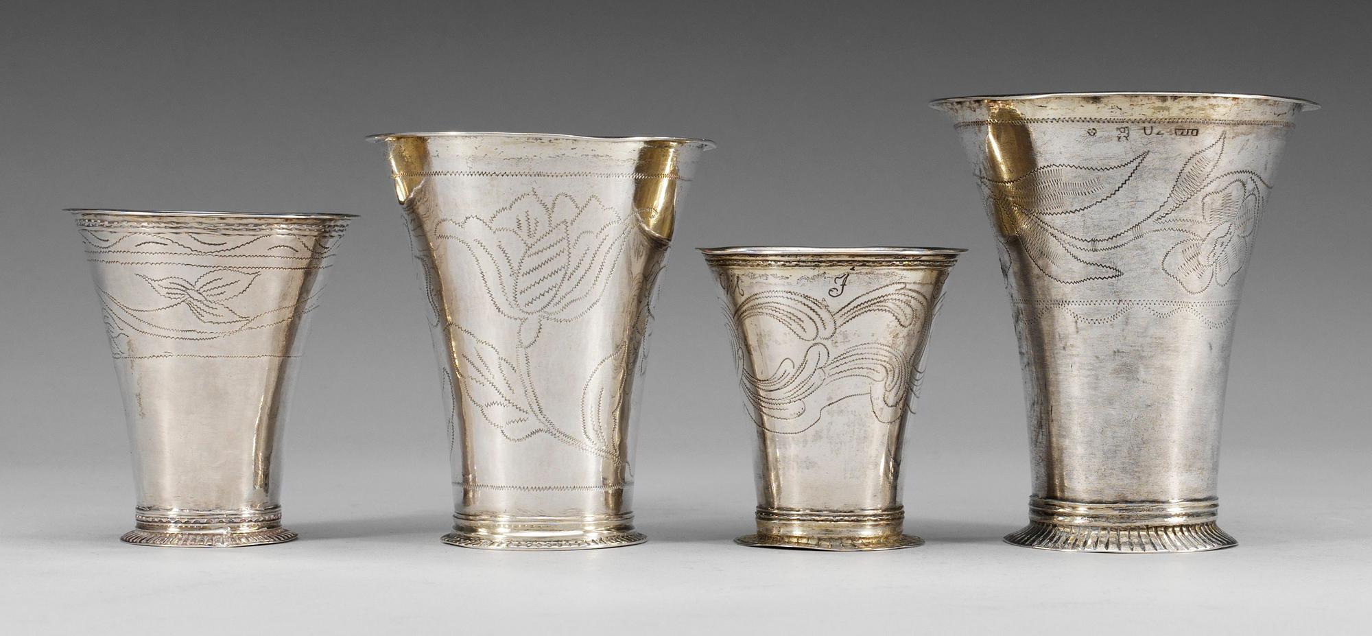 BÄGARE, 4 st, silver, Jöns Lund, Skara1764, Lorenz Swan, Nyköping (v. 1749-61(-62)),