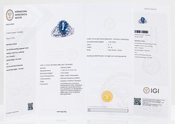 An 18K white gold ring with a ca. 3.45 ct tanzanite and diamonds ca 1.53 ct in total. IGI certificate.