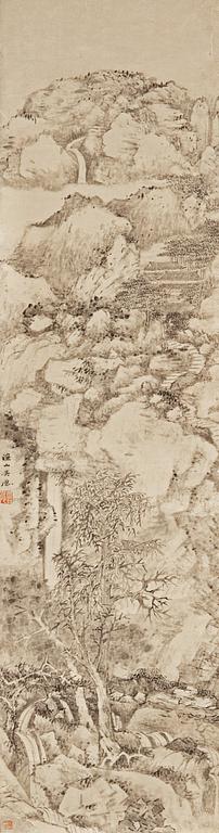 A hanging scroll of a rocky mountain landscape, late Qing dynasty copy after Wu Li (1632-1718).