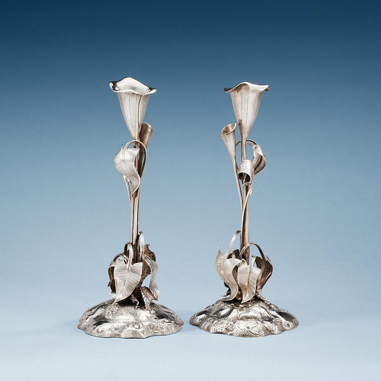 A pair of Swedish 19th century silver canlesticks, makers mark of Gustaf Möllenborg, Feron, Stockholm 1852.