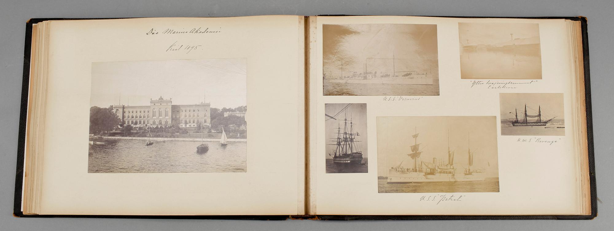 ALBUM, fotografi/vykort, ca 60 st, Örlogsfartyg, 1800-talets slut.