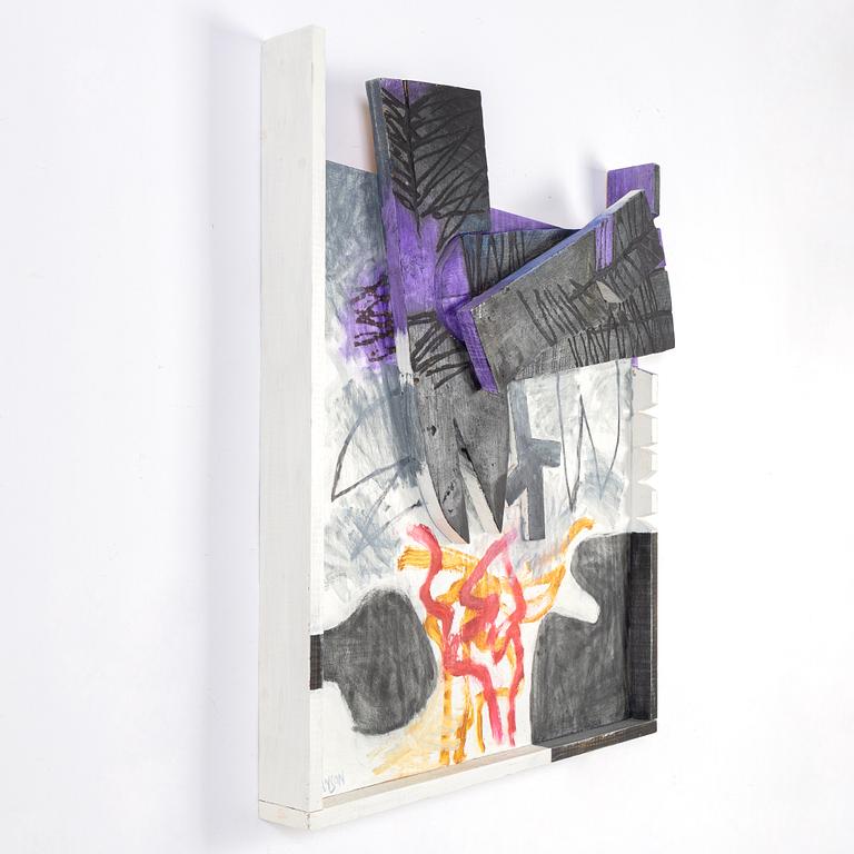 Vide Janson, relief, bemålat trä, signerad.