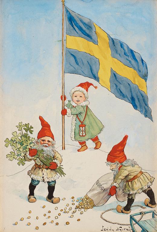 Jenny Nyström, Tomtar och barn med lyckoklöver, pengasäck och flagga.