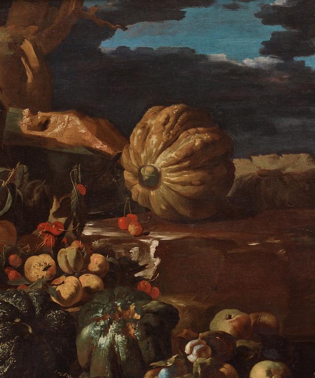 Michelangelo Pace da Campidoglio Tillskriven, Stilleben med frukter i ett landskap.