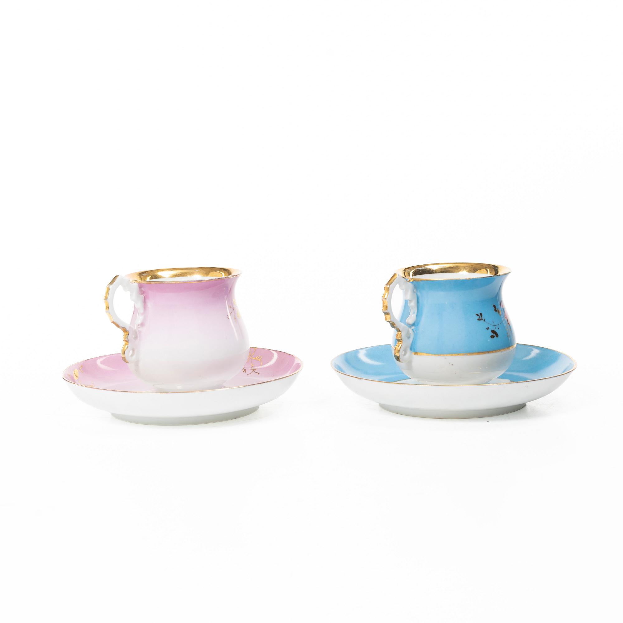 Ten porcelain cups and saucers, Kusnetsov Porcelain Factory, Russia, circa 1900.