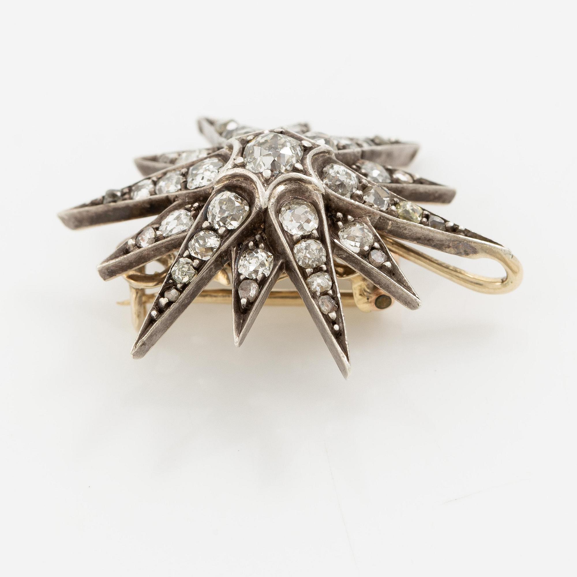 Brosch/hänge 14K guld och silver med gammalslipade diamanter, 1800-tal.