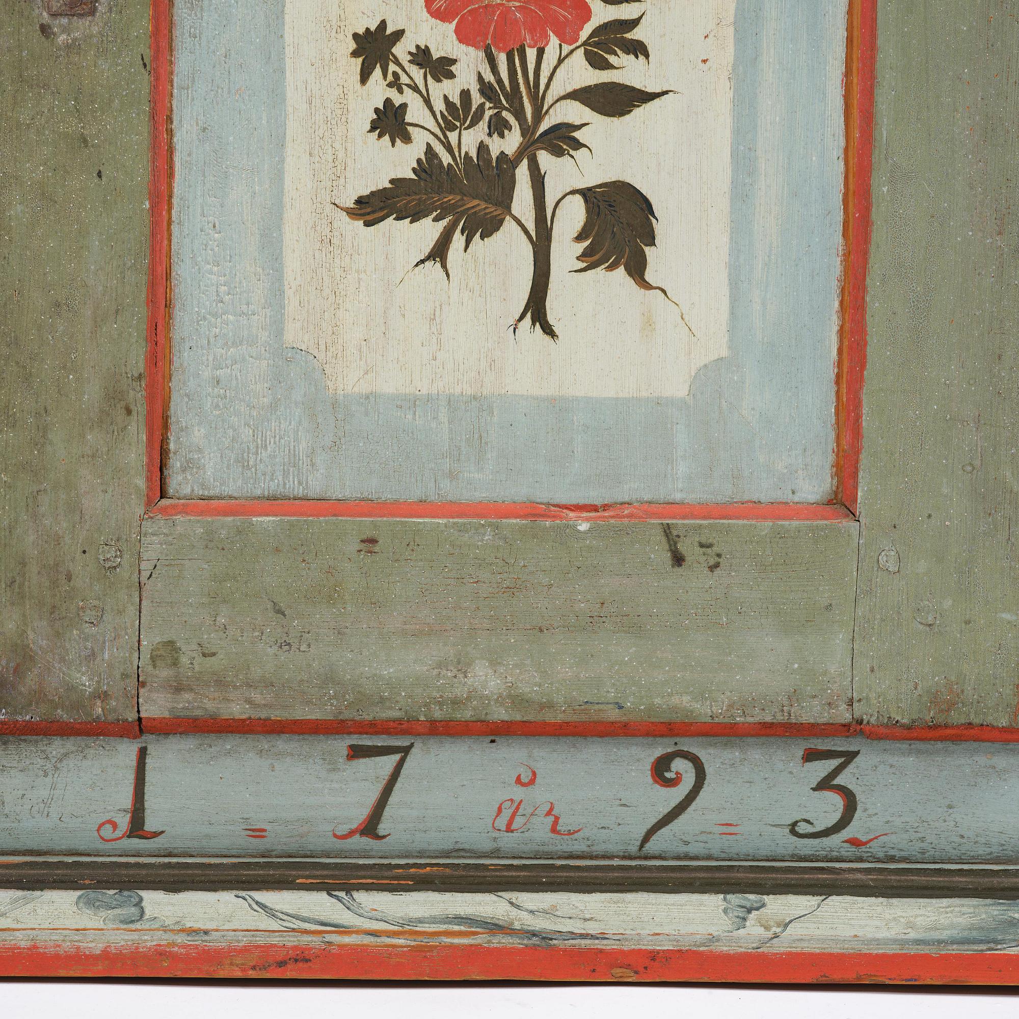 Hängskåp, allmoge, målat av Jöns Månsson, Forsa, Hälsingland, daterat 1793.