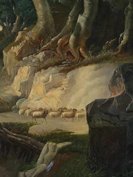 Okänd konstnär, 1800-tal, Oväderslandskap med herdinna och får.