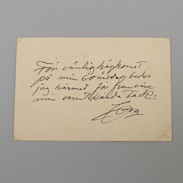 A thank you card from Anders Zorn to the artist Ernst Åkerbladh. Executed in 1920.