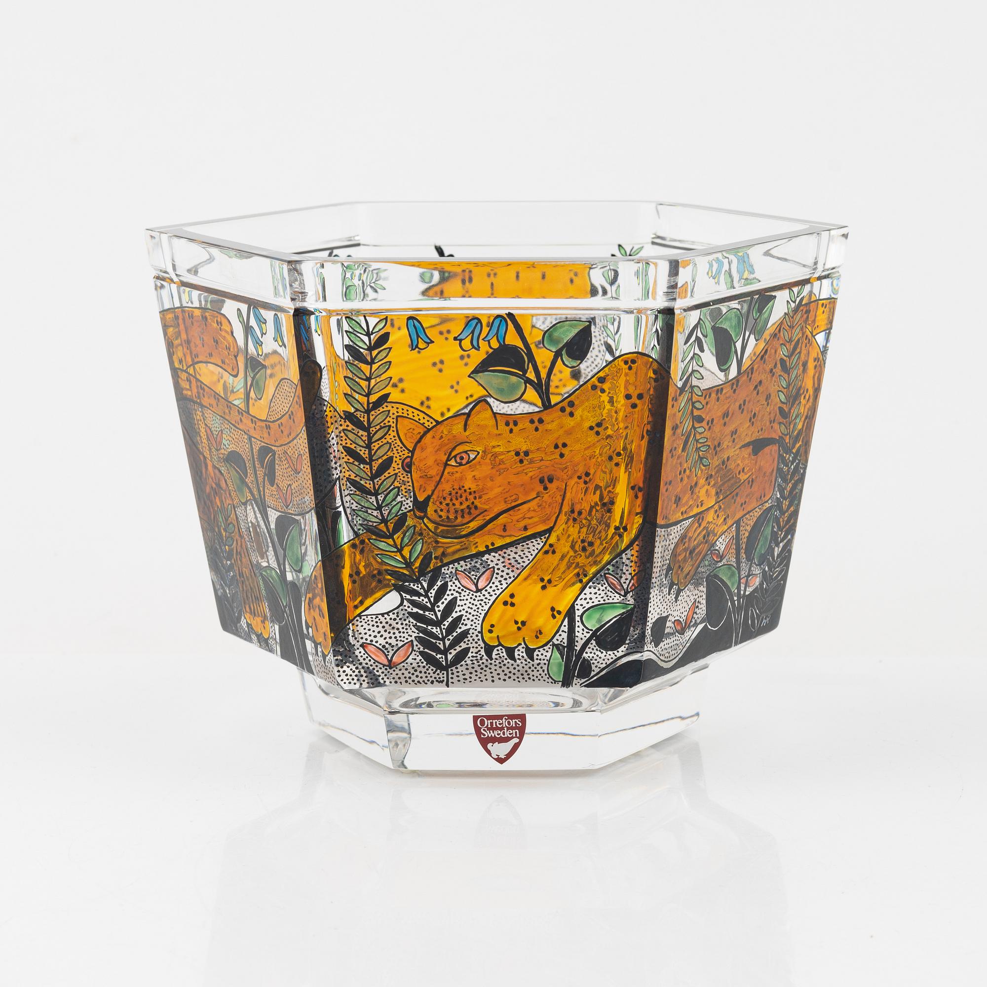 Gunnar Cyrén, a glass bowl, 'Leopardlek', Orrefors Gallery, 1/25, 1990.
