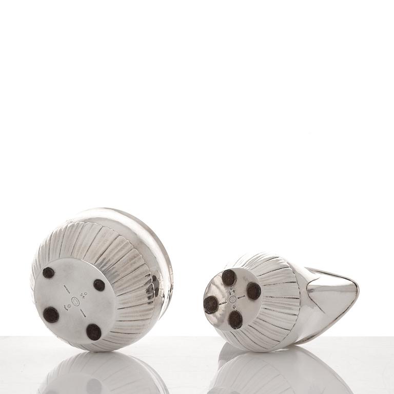 Johan Rohde, a three pieces sterling silver coffee service "Cosmos", Georg Jensen, Copenhagen 1945-77, design nr 45 A + D.