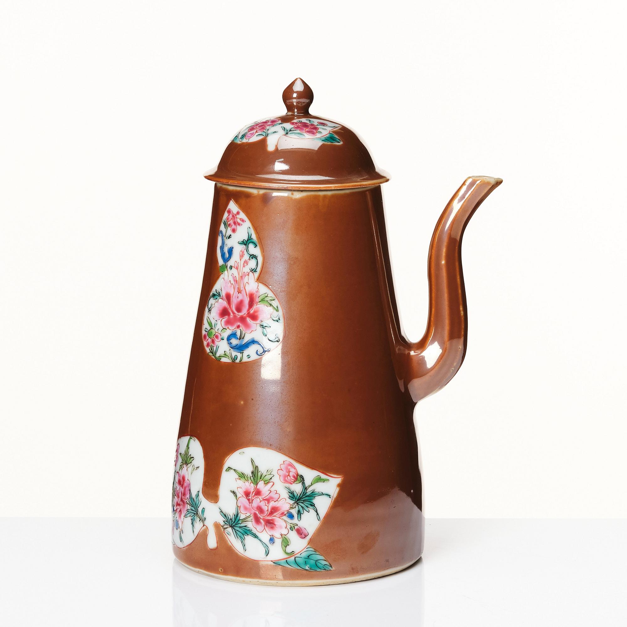 A cappuciner brown and famille rose coffee pot with cover, Qing dynasty, 18th Century.