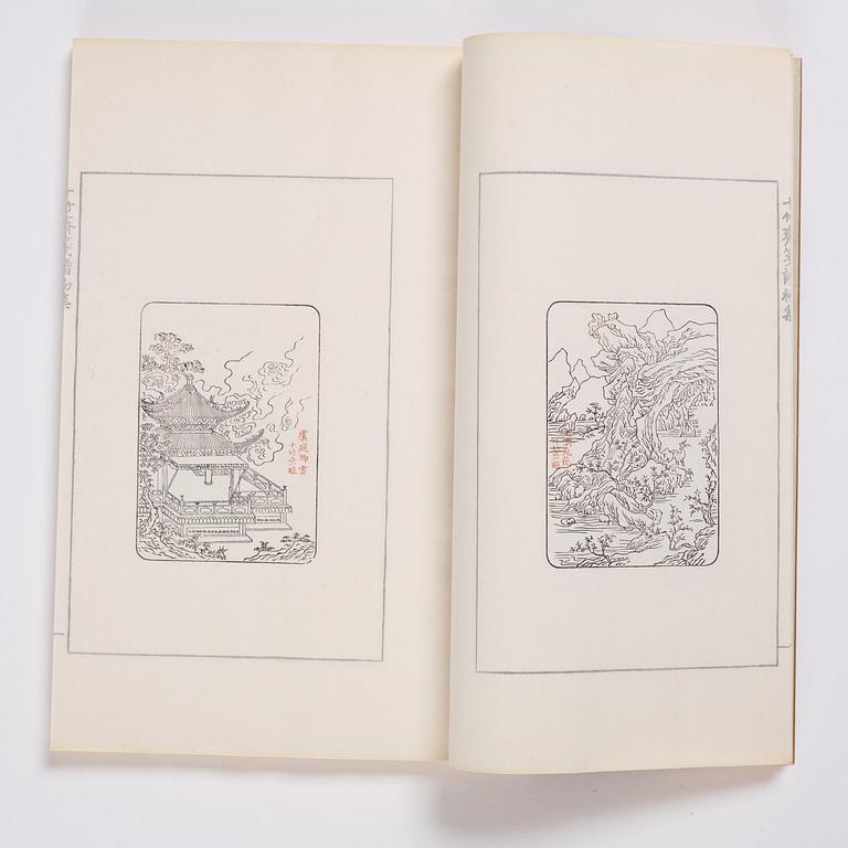 A book, four volumes, numerously illustrated with woodcuts in colours, "Shi zhu zhai jian pu" by Hu Zhengyan.