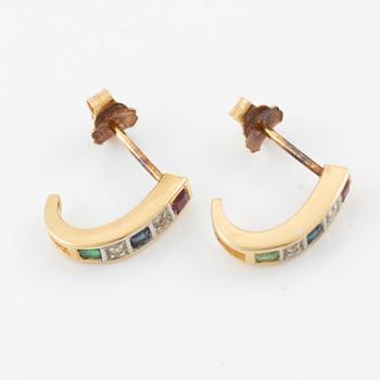 Ring, and a pair of earrings, 18K gold set with small rubies, emeralds, sapphires, and diamonds.