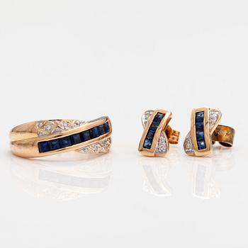 A 14K gold ring and earrings with sapphires and diamonds ca. 0.02 ct in total. Timanttiset, Helsinki 1999.