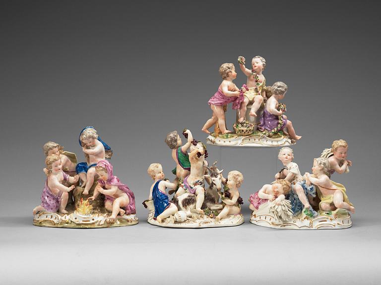 A set of four Meissen allegorical figure groups, 18th Century, three of them with the Marcolini mark (1774-1814).