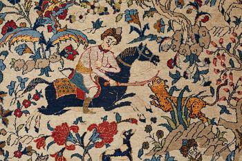 A CARPET, a semi-antique Teheran probably, a figural part silk, ca 347,5-345,5 x 242 cm.