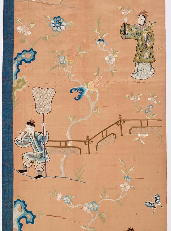 Two embroidered silk panels, late Qing dynasty.