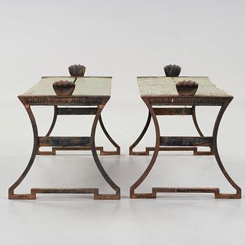 Folke Bensow, two 'Taburett No: 2' cast iron stools by Näfveqvarns bruk, Sweden post ca 1925.