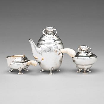 161. Georg Jensen, a three pieces of "Blossom" sterling silver coffee service, Copenhagen 1933-51, design nr 2A and 2C (sugar bowl).