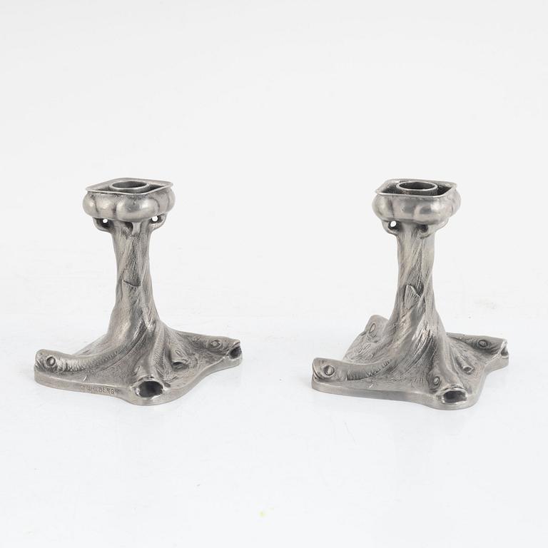 Olof Ahlberg, a pair of pewter candlesticks and a dish, Stockholm, including 1960.