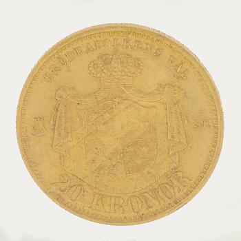 MYNT, guld, 20 kronor, Oscar II, 1875, vikt ca 9 g.