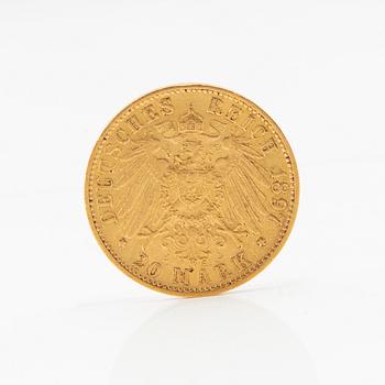 Gold coin 20 marks German Empire (Hamburg) 1897.