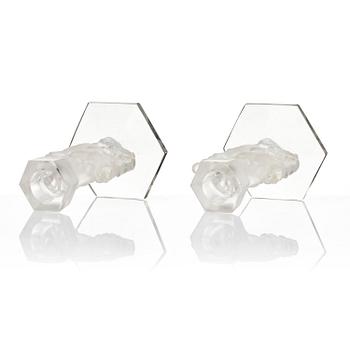 René Lalique, a pair of “Mésanges” cast glass candlesticks, France, post-1943.