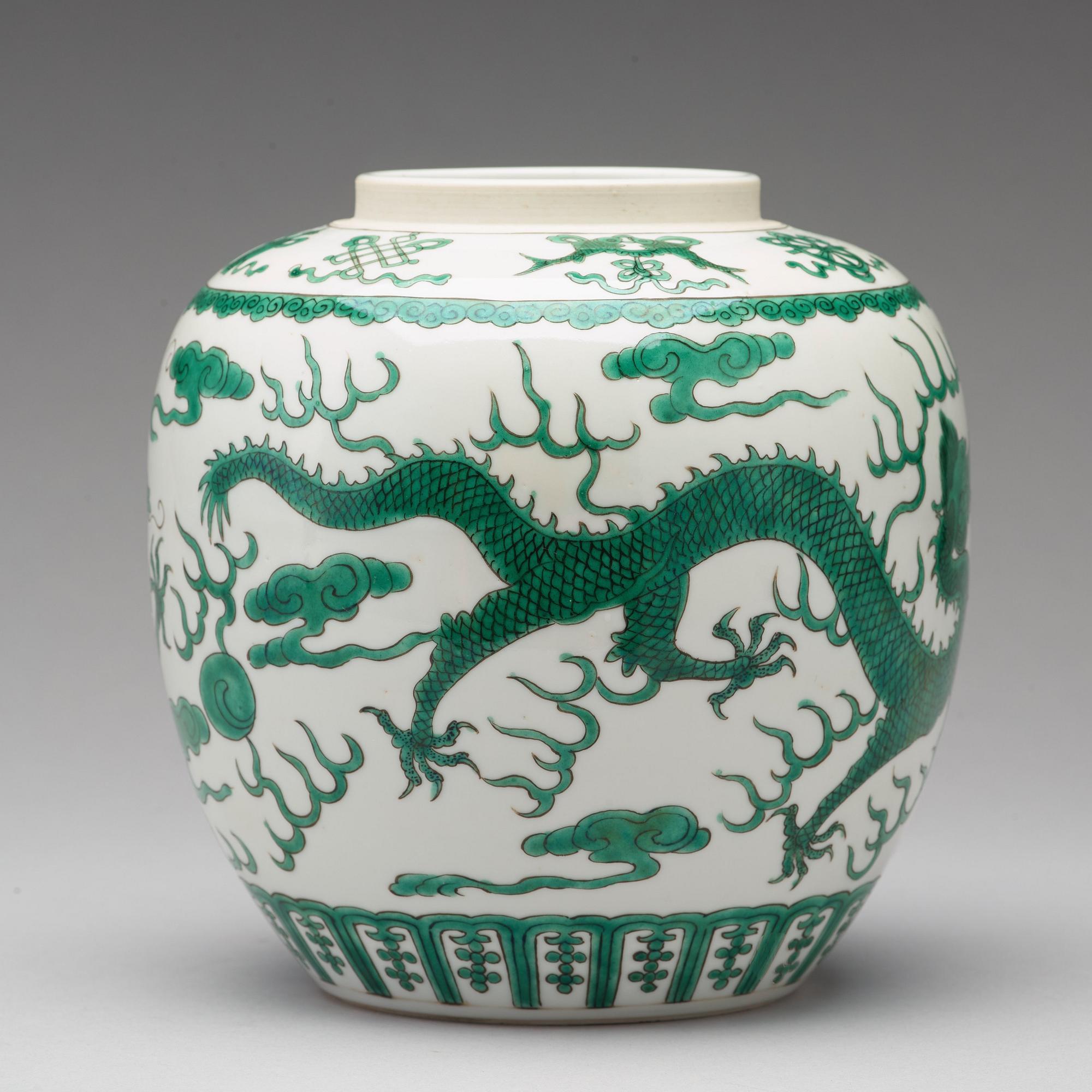 A green enamelled dragon jar, China, circa 1900.