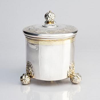 Lorenz Westman, dryckeskanna, delvis förgyllt silver, Stockholm (verksam 1656-1682). Barock.