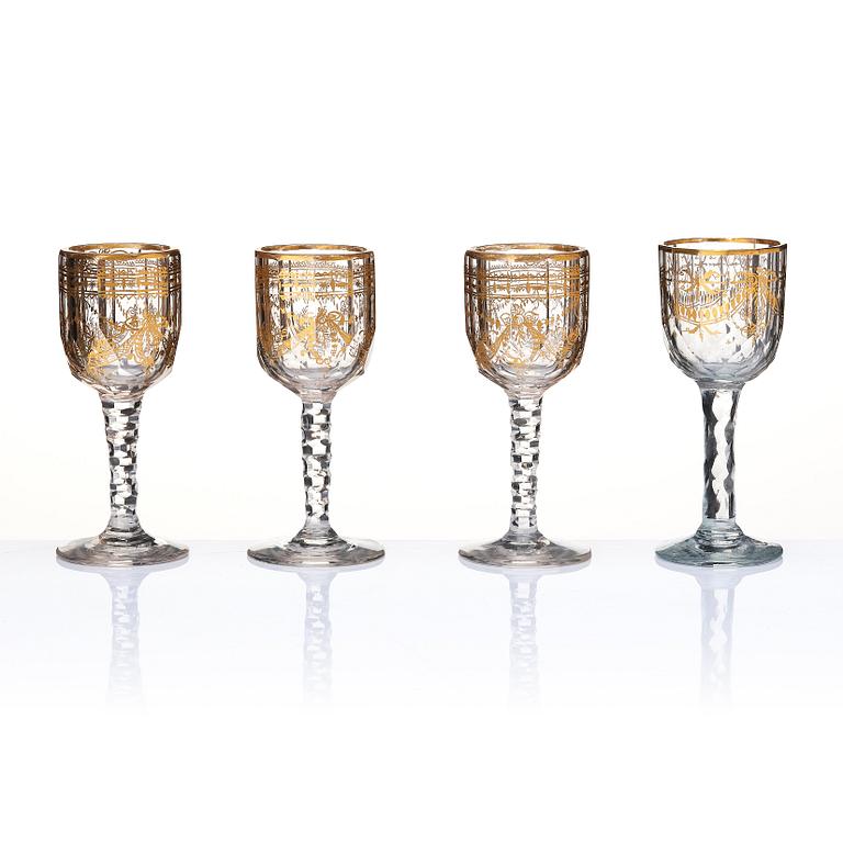 A set of seven cut and gilded glasses, 18th Century.