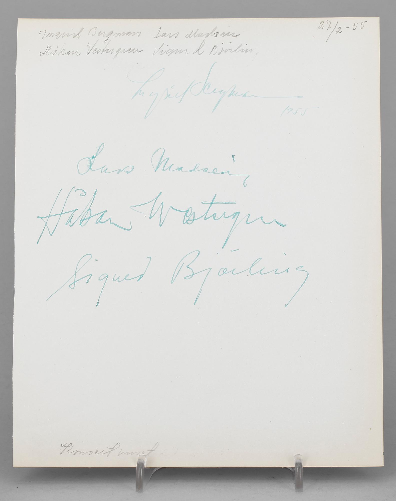 AUTOGRAFER, 14 st, filmstjärnor och musikartister, egenhändiga av bla Ingrid Bergman 1955.