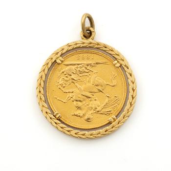 Gold coin, Great Britain, Victoria,  Sovereign, 1883, mounted as a pendant.