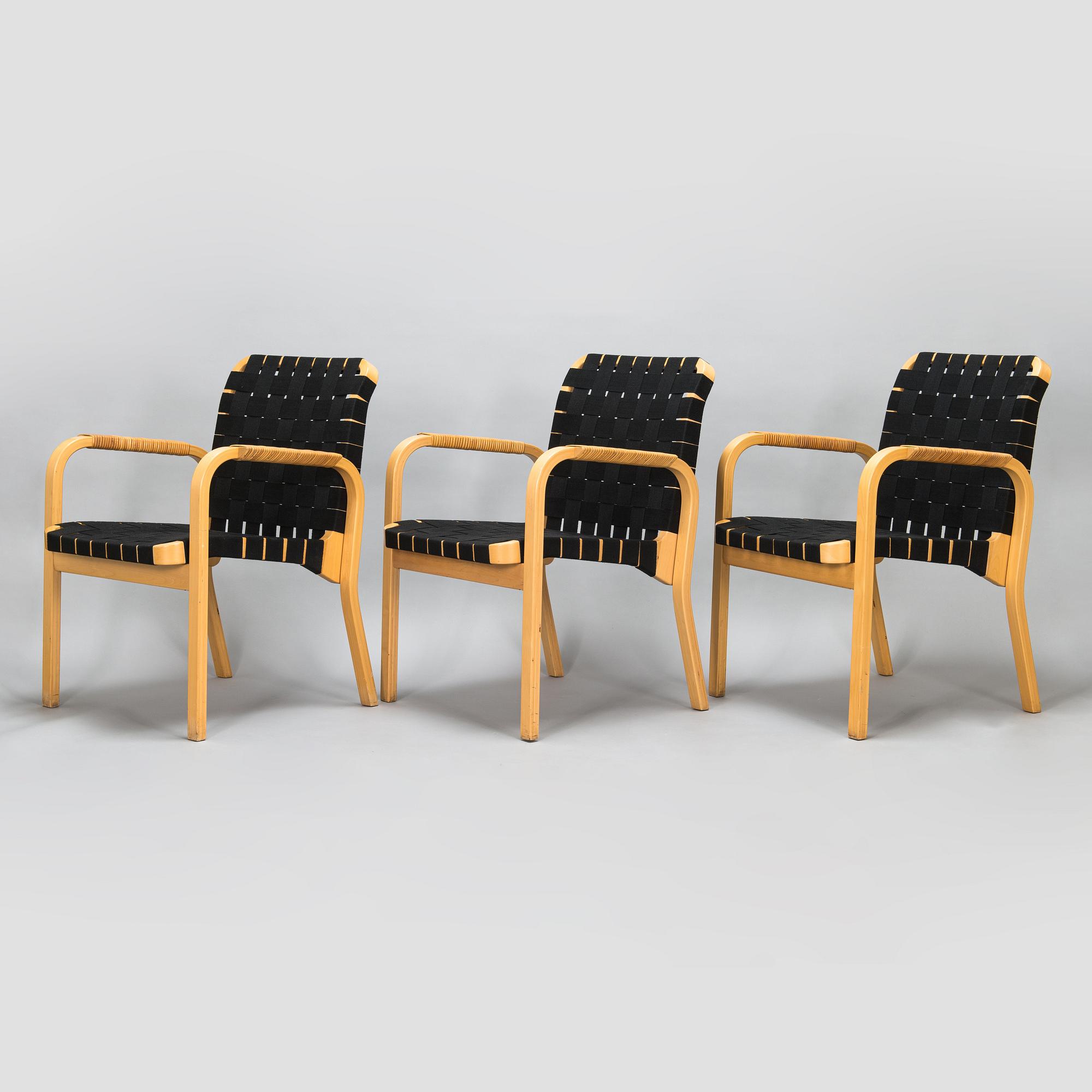 Alvar Aalto, nojatuoleja, 3 kpl, malli 45, Artek 1900-luvun loppu.