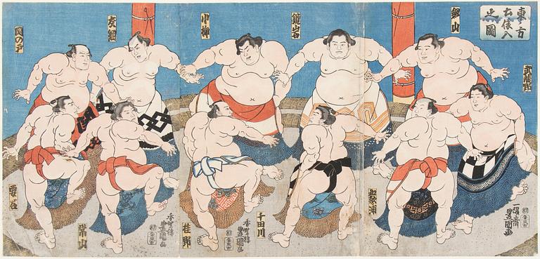 UTAGAWA KUNISADA, även kallad Toyokuni III (1786-1864), triptyk, färgträsnitt. Japan, 1845. "Dohyoiri".