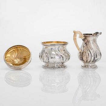 A silver tea and coffee service with tray, totally 6 pieces, Czechoslovakia 1929-1941.