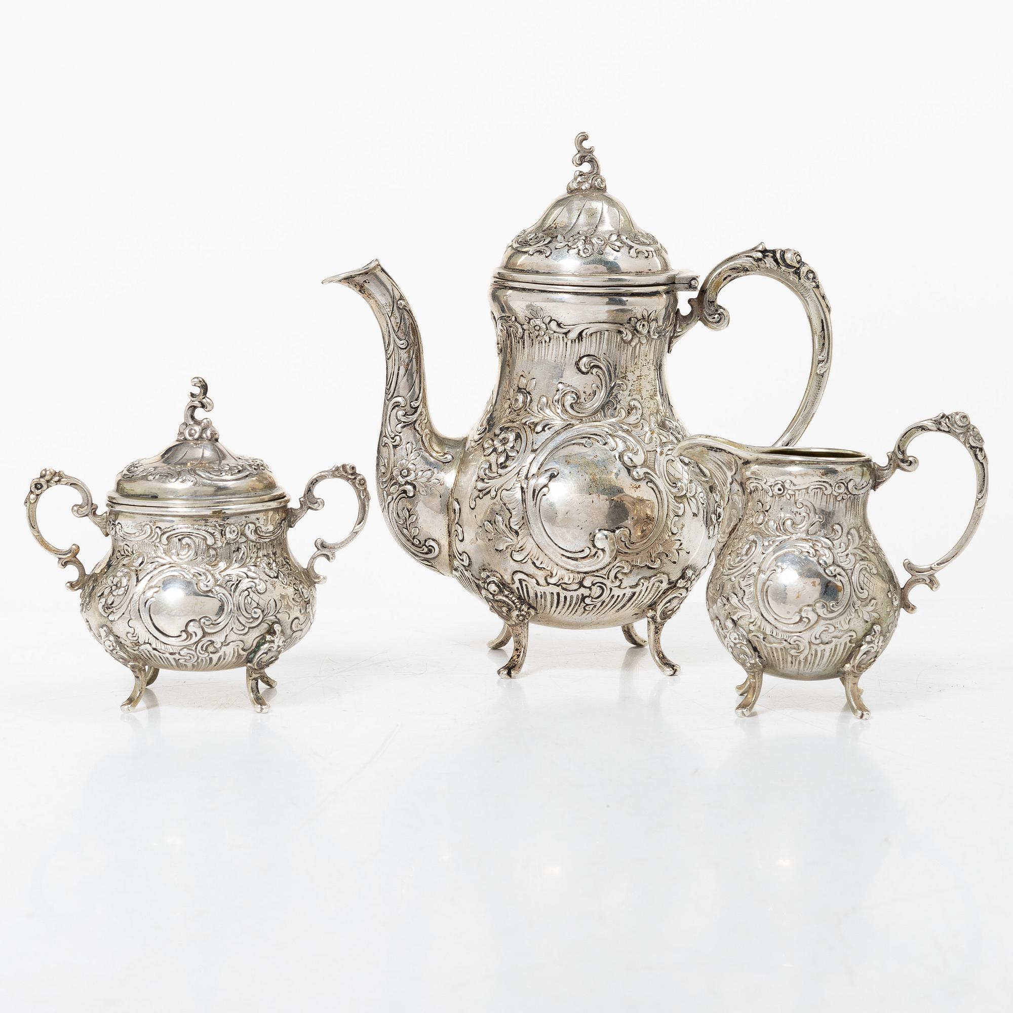 A three-piece rococo-style silver mocha service, 20th century, with swedish import marks.
