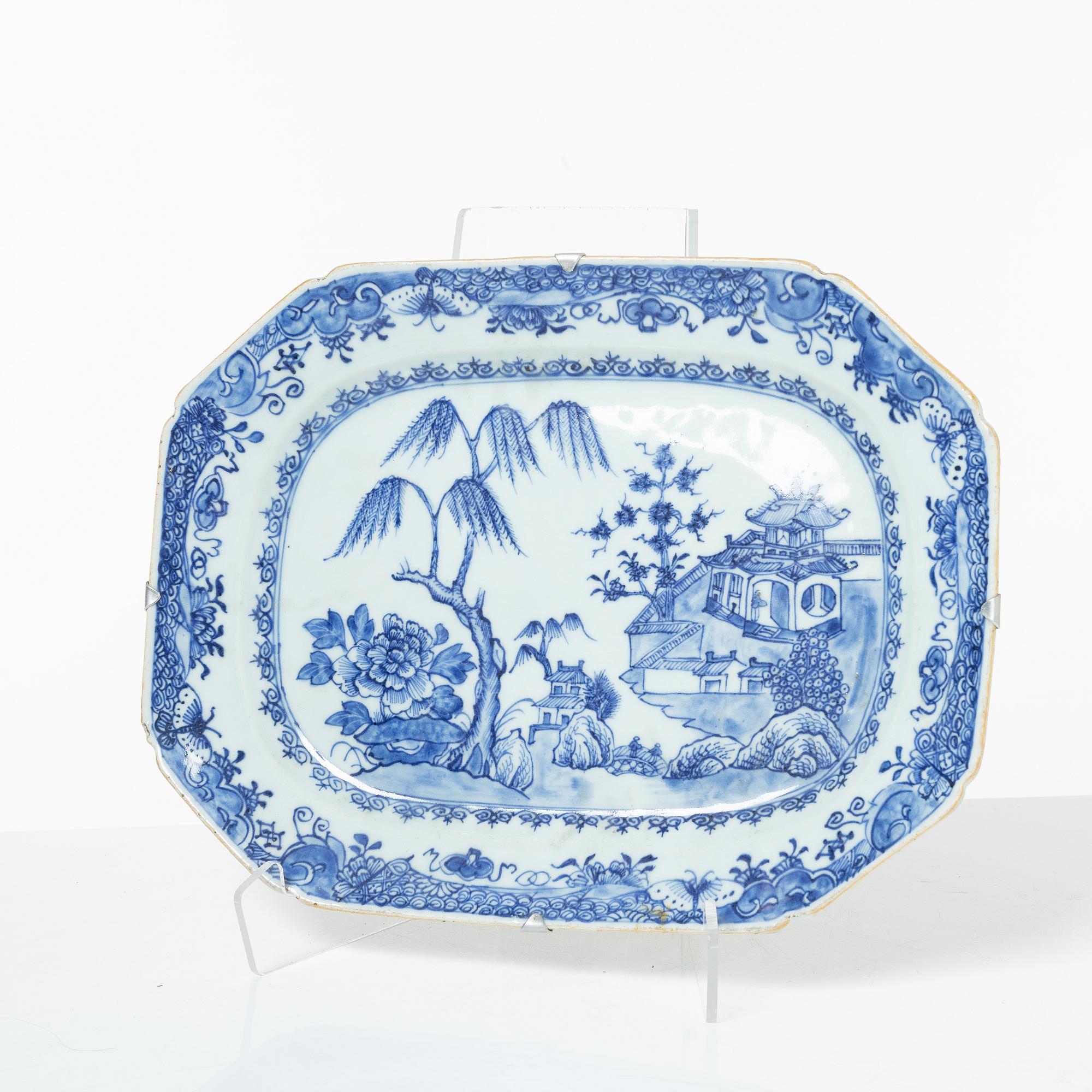 Two Chinese blue and white porcelain dishes and a small dish, Qing dynasty, 18th century.
