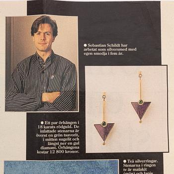 Sebastian Schildt, a pair of earrings, 18K gold with sugilite, tsavorite, and gold diamonds.