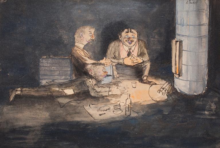 Axel Fridell, "Tre män framför kakelugn (gamla minnen)".