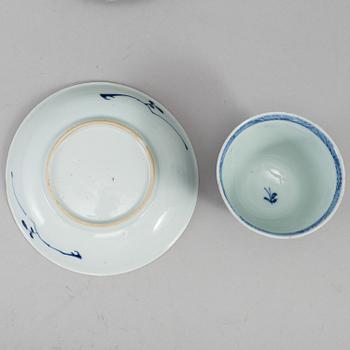 A group of eight blue and white porcelain objects, mostly 18th century.