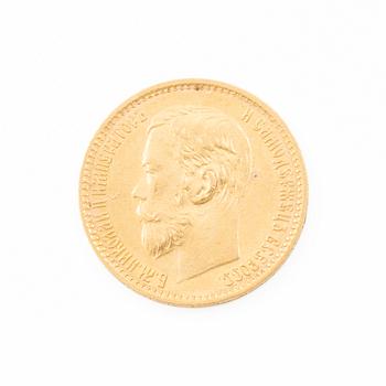 Gold coin, Nicholas II, Russia, 5 Rubles, 1898.