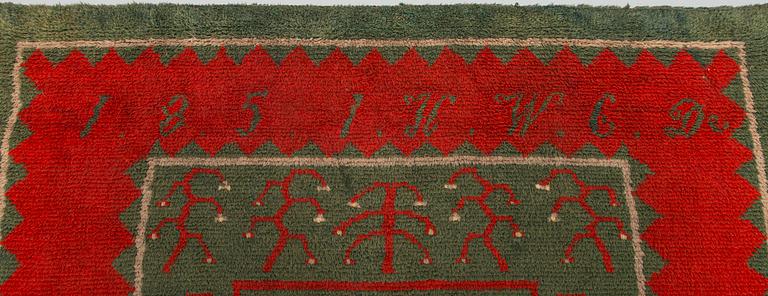 A 1851's finnish folkart long pile ryijy / blanket, ca 180 x 153 cm.