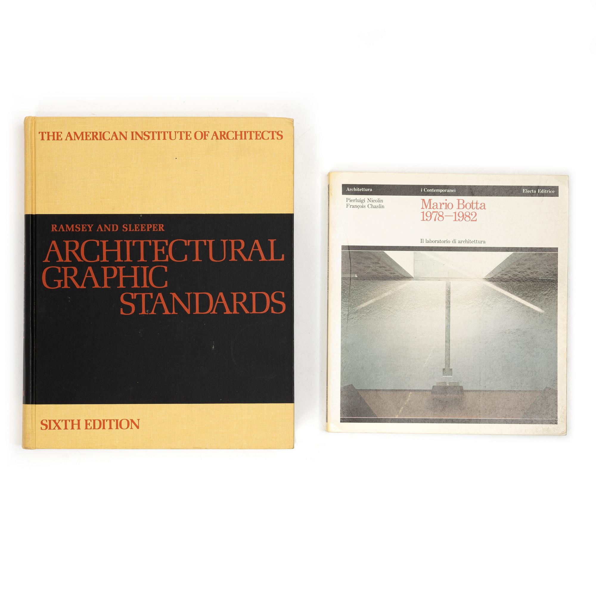 En samling böcker och tidsskrifter om arkitektur, bl a "Gaudí" och "The Work of Frank Lloyd Wright".