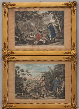 CARINGTON BOWLES, utgivna av, gravyrer, två st, handkolorerade, 1700-talets slut.