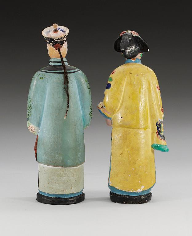 Two Chinese export painted and modeled clay nodding head figures, Qing dynasty, 19th Century. (2).