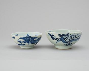 A set of two blue and white bowls, Qing dynasty, one with a six character mark.