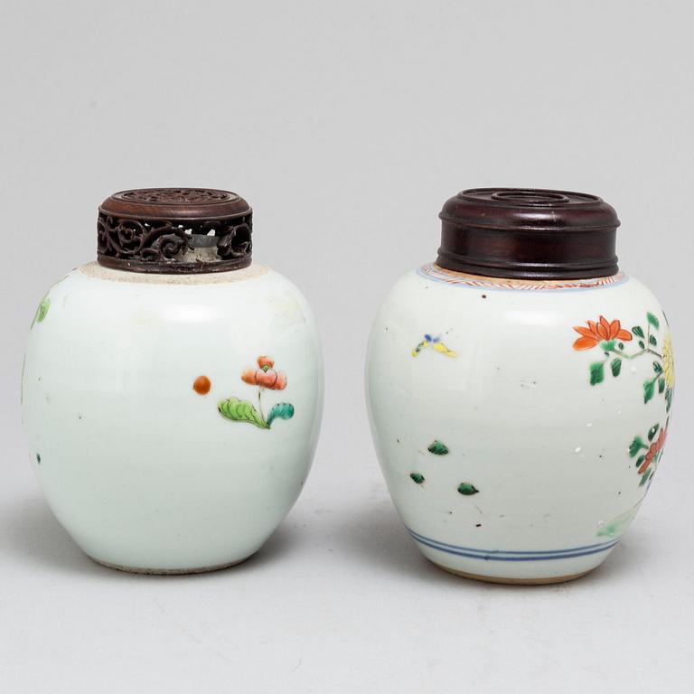 Two famille rose tea caddies, Qing dynasty, 18th Century and one 19th Century.