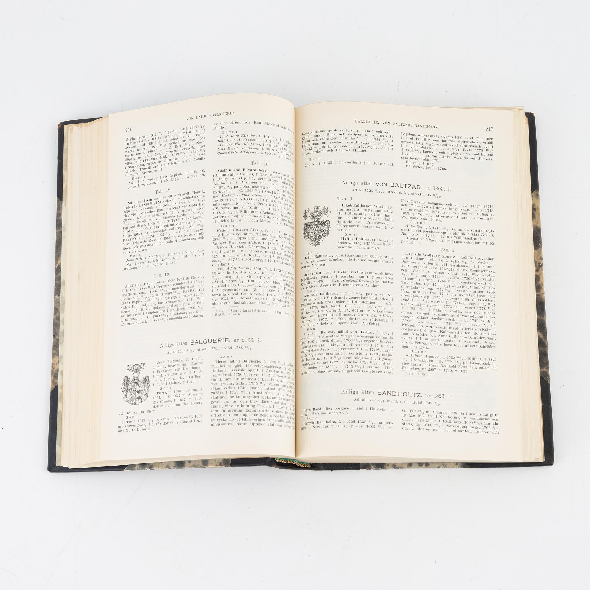 Nine volumes of Gustaf Elgenstierna's 'Den introducerade svenska adelns ättartavlor', 1925-1936.