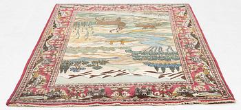 A pictoral semi-antique Keshan rug, c 210 x 128 cm.